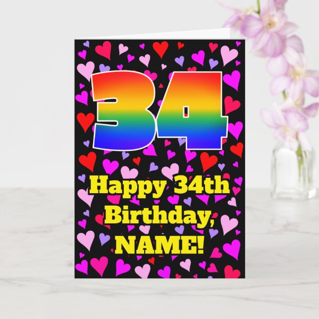 Carte 34th Birthday: Loving Hearts Pattern, Rainbow # 34 (Orchidée)