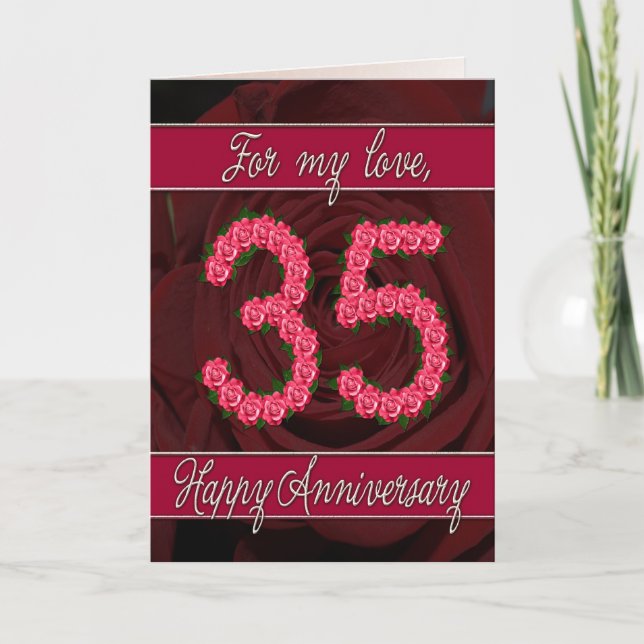 Carte 35e anniversaire avec rose et feuille (Devant)