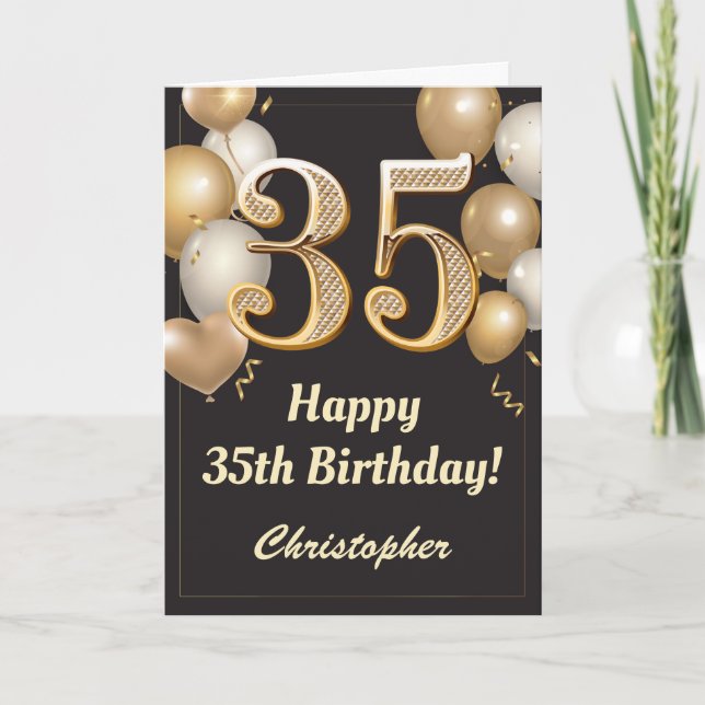 Carte 35e anniversaire Ballons Noir et Or Confetti (Devant)