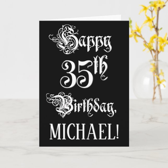 Carte 35e anniversaire : fantaisie, élégant script + Nom (Fleur jaune)
