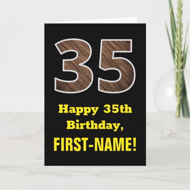Carte 35e anniversaire : Nom, Motif Faux Wood Grain "35" (Devant)