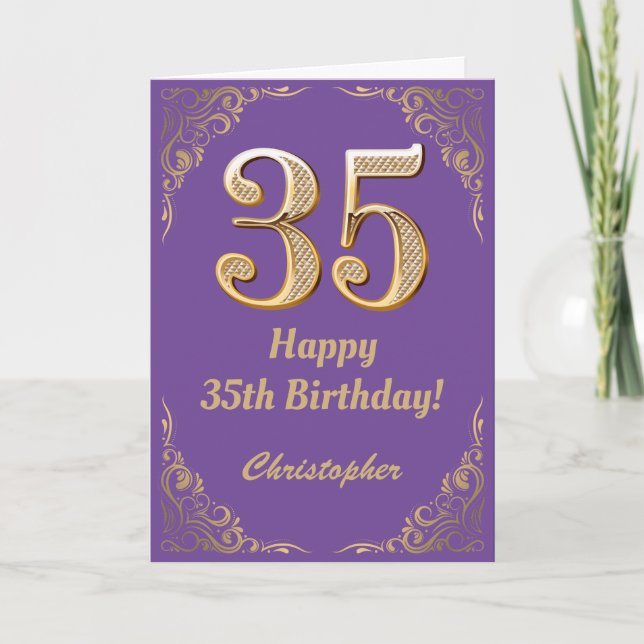 Carte 35e anniversaire Parties scintillant violet et or  (Devant)