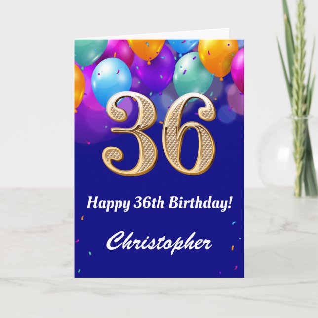 Carte 36e anniversaire Ballons bleu et or couleur marine (Devant)