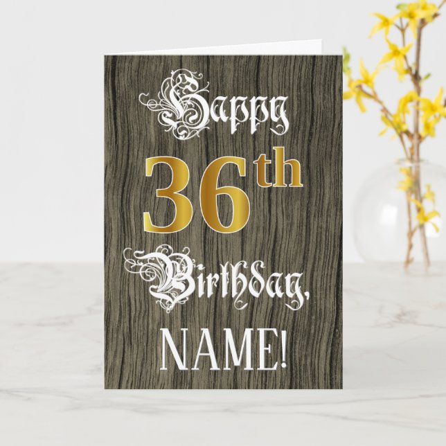 Carte 36e anniversaire : Faux Gold Look + Faux Wood Moti (Fleur jaune)