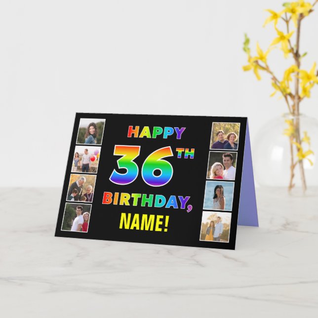 Carte 36e anniversaire : Rainbow Text, Custom Photos & N (Fleur jaune)