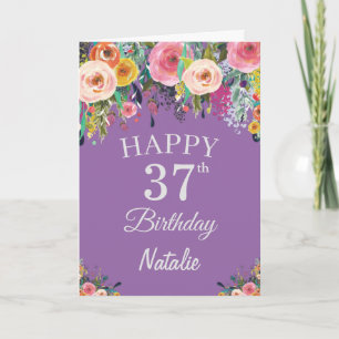Carte 37e anniversaire Aquarelle Florale Fleurs pourpres