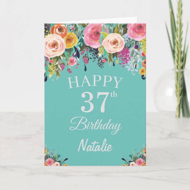 Carte 37e anniversaire Aquarelle Florale Fleurs Turquois (Devant)