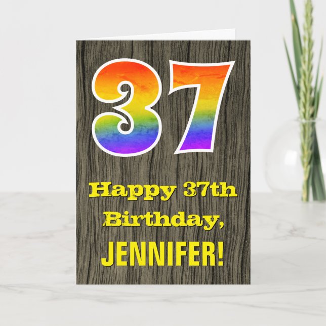 Carte 37e anniversaire : Rustic Faux Wood Look, Arc-en-c (Devant)