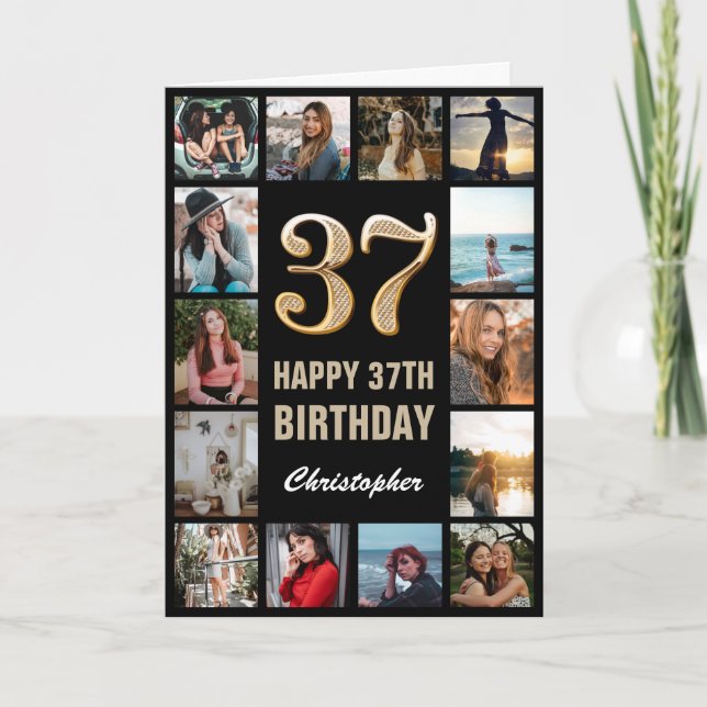 Carte 37e Joyeux anniversaire noir et or Collage photo (Devant)