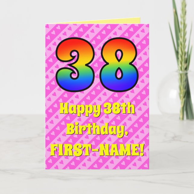 Carte 38e anniversaire : Pink Stripes & Hearts, Arc en c (Devant)