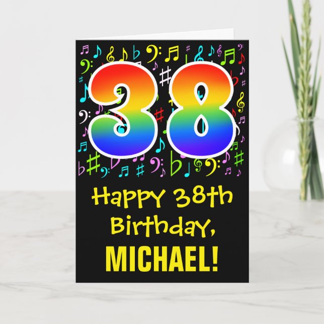 Carte 38e anniversaire : Symboles de musique colorée + A (Devant)