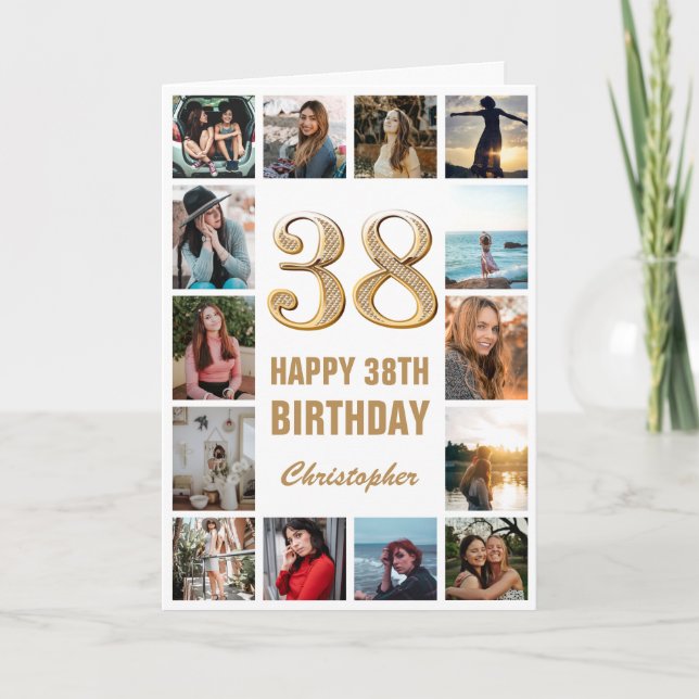 Carte 38e Joyeux Anniversaire Collage photo d'or et blan (Devant)