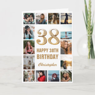 Carte 38e Joyeux Anniversaire Collage photo d'or et blan
