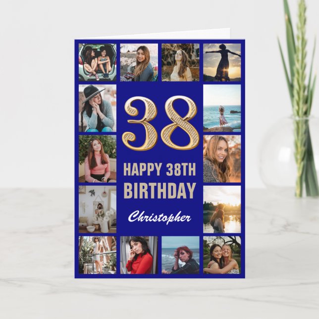 Carte 38e Joyeux Anniversaire Marine Bleu & Gold Photo C (Devant)
