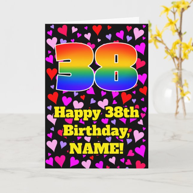 Carte 38th Birthday: Loving Hearts Pattern, Rainbow # 38 (Fleur jaune)