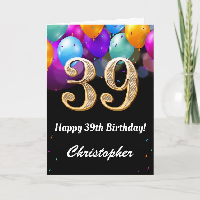 Carte 39e anniversaire Ballons noirs et dorés (Devant)
