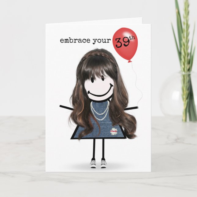 Carte 39e anniversaire fille avec ballon rouge (Devant)