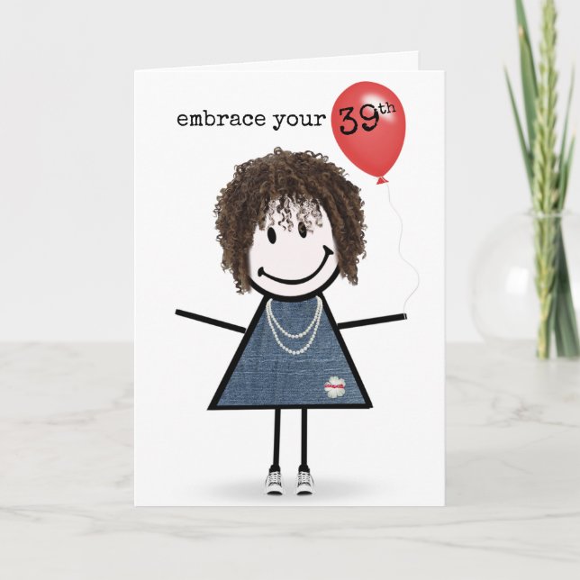 Carte 39e anniversaire fille avec ballon rouge (Devant)