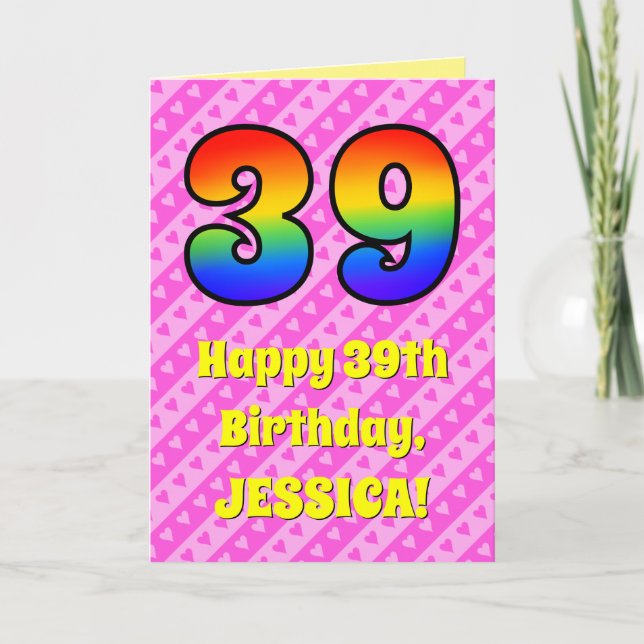 Carte 39e anniversaire : Pink Stripes & Hearts, Arc en c (Devant)