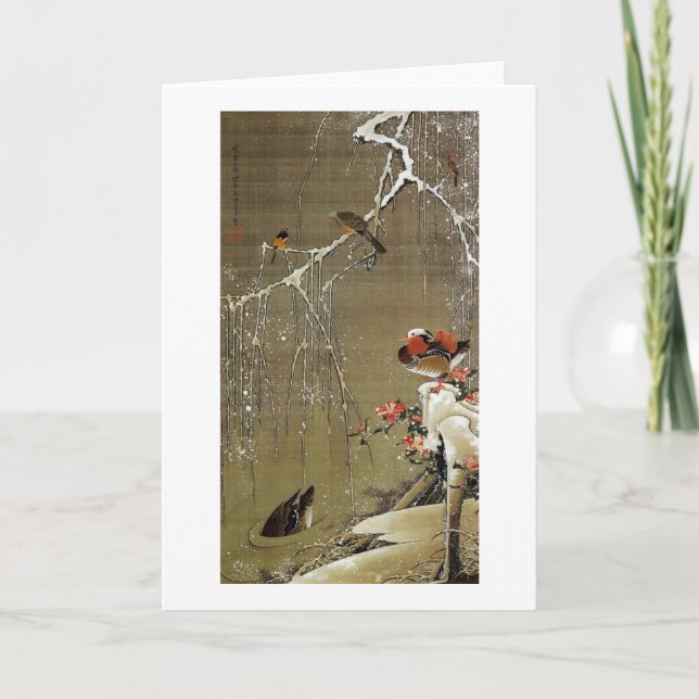Carte 3. 雪中鴛鴦図, canard de mandarine de 若冲 dans la neige, (Devant)