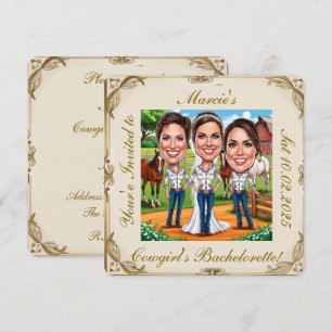 Carte 3 caricatures nuptiales Cowgirl à la ferme