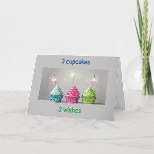 CARTE *3 CUPCAKES ET 3 BOUGIES ET SOUHAITS D'ANNIVERSAIR