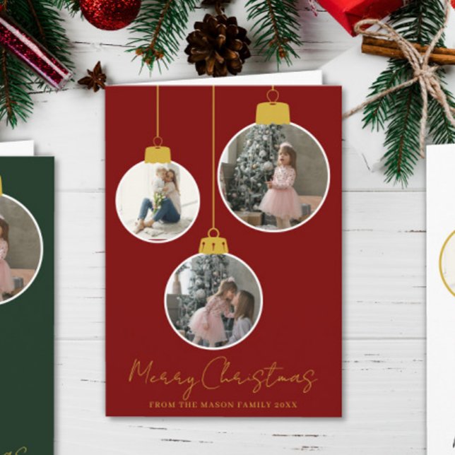 Carte 3 photo Merry Christmas bauble Photo Card (Créateur téléchargé)