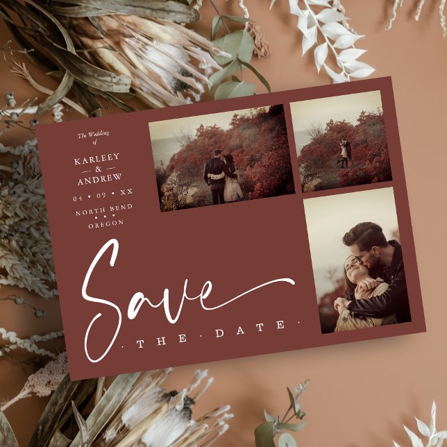 Carte 3 Photos Brown Chic Trendy Collage Wedding Covid19 (Stylish Chic Brown Collage Wedding 3 Photos Save the Date with Envelope.)