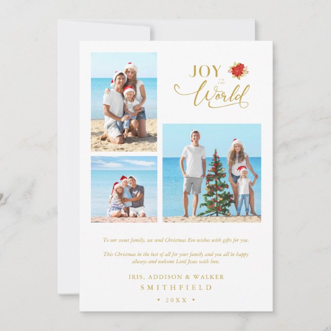 Carte 3 Photos Poinsettias Whimsical Joy to the World (Devant)