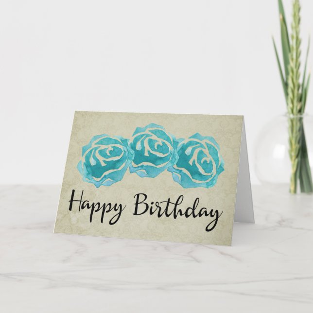 Carte 3 Roses Turquoises d'aquarelle sur Tan Damask anni (Devant)