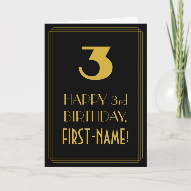 Carte 3e anniversaire ~ Art Déco Inspiré Look "3" & Nom (Devant)