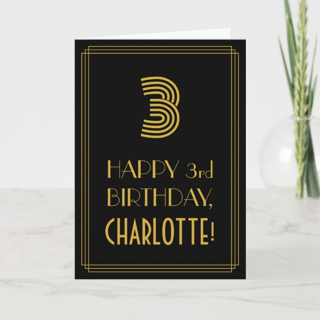 Carte 3e anniversaire : Art Déco Inspiré Look "3" & Nom (Devant)