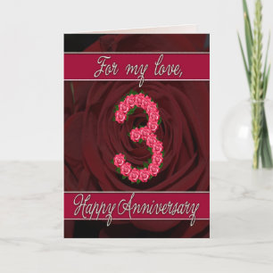 Carte 3e anniversaire avec roses et feuille