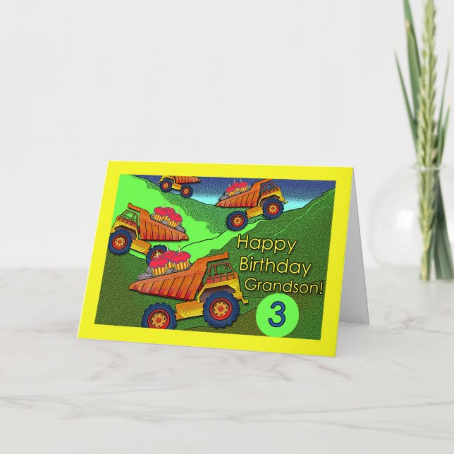 Carte 3e anniversaire de Grandson, Camions de vidage, Cu (Devant)