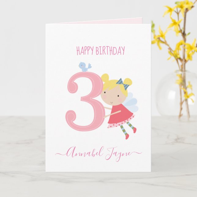Carte 3e anniversaire fée, filles mignonnes personnalisé (Fleur jaune)