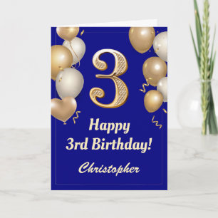 Carte 3e anniversaire Marine Bleu et Ballons d'or Confet