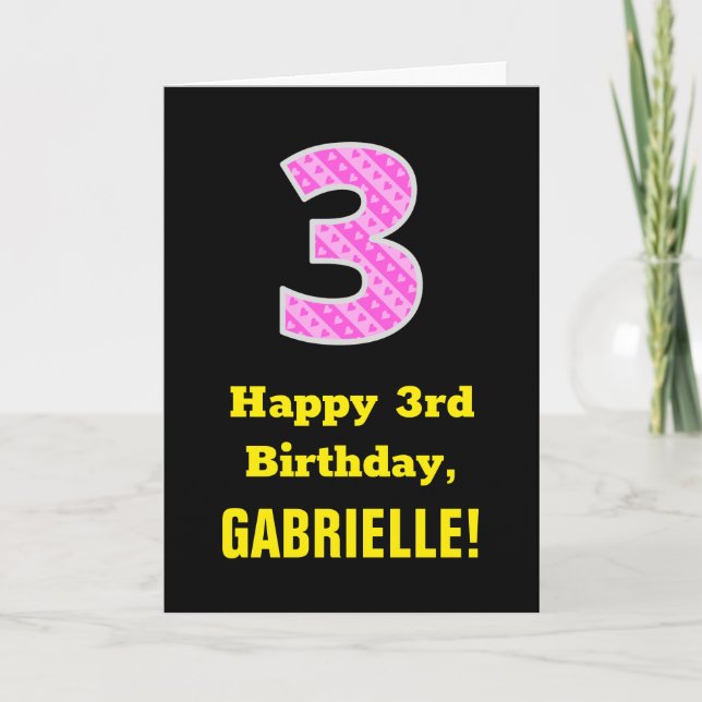 Carte 3e anniversaire : Pink Stripes and Hearts "3" + No (Devant)