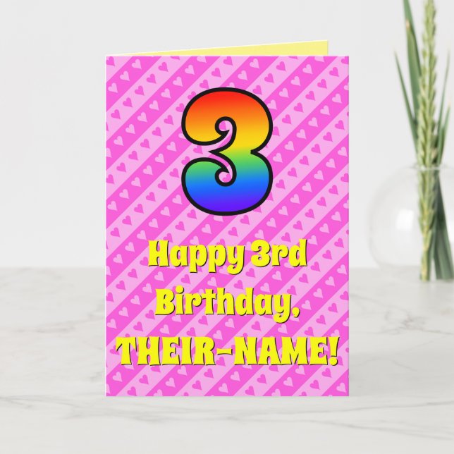 Carte 3e anniversaire : Pink Stripes & Hearts, Rainbow # (Devant)