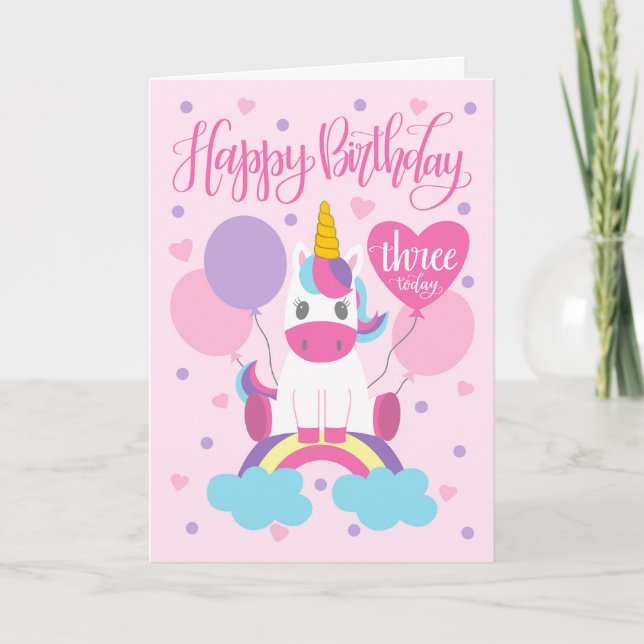 Carte 3e Anniversaire Unicorne Assis Sur Arc En Ciel (Devant)