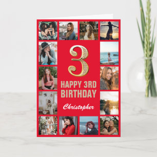 Carte 3e Joyeux Anniversaire Collage photo rouge et or