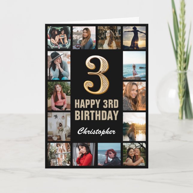 Carte 3e Joyeux anniversaire noir et or photo Collage (Devant)