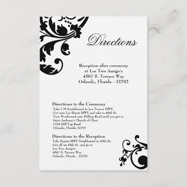 Carte 3x5 Directions Filigree floral noir blanc (Devant)