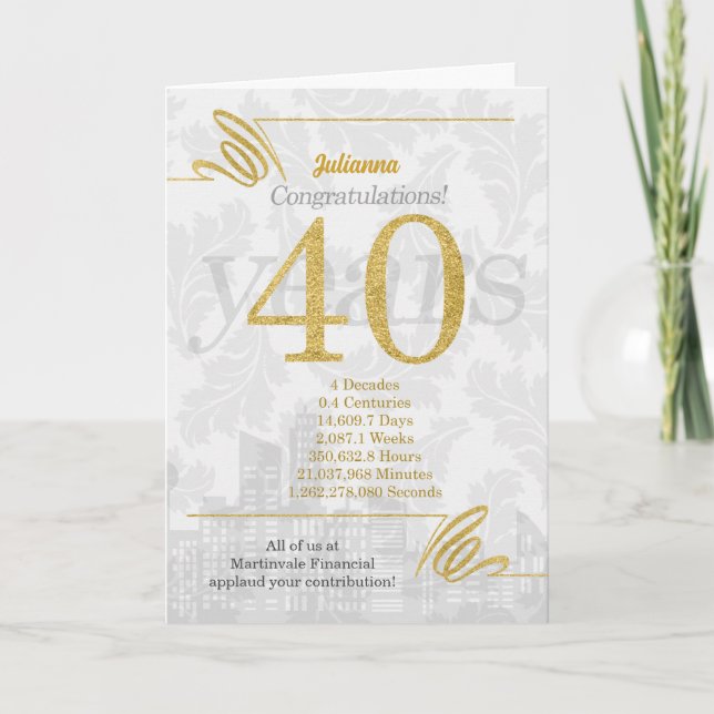 Carte 40 ans Anniversaire de l'employé Élégance de l'ent (Devant)