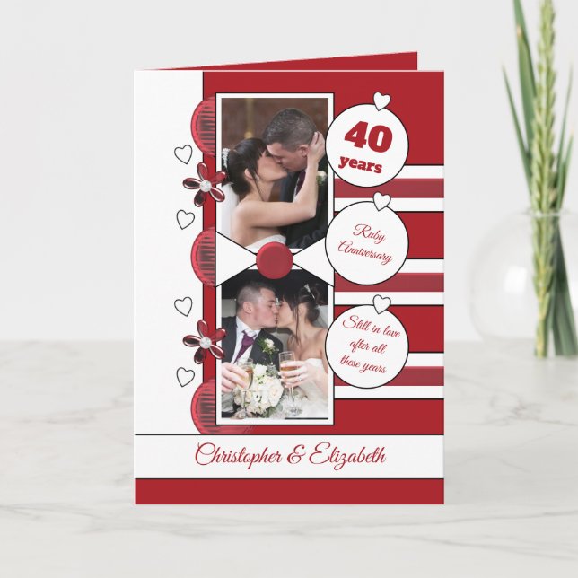 Carte 40 ans Ruby anniversaire photo rouge et blanc (Devant)