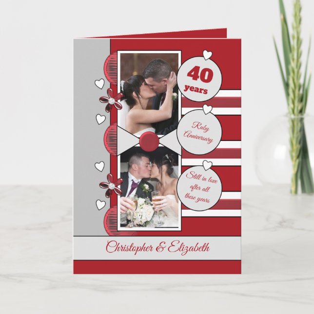 Carte 40 ans Ruby anniversaire photo rouge et gris (Devant)