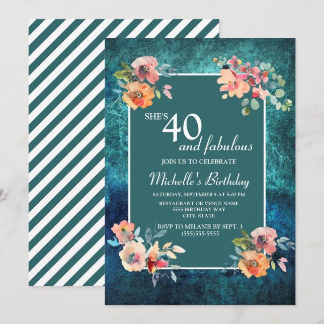 Carte 40 et fabuleuse fête d'anniversaire Turquoise rose (Devant / Derrière)