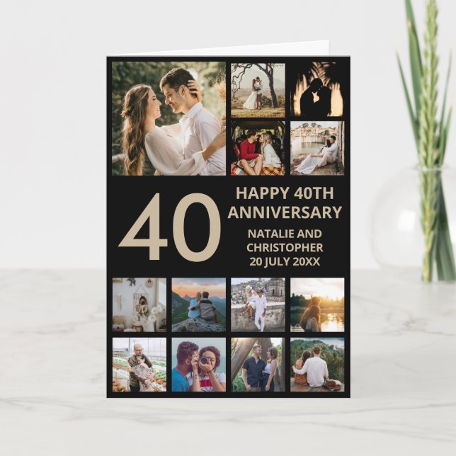 Carte 40e anniversaire 13 photo Collage noir et or (Devant)