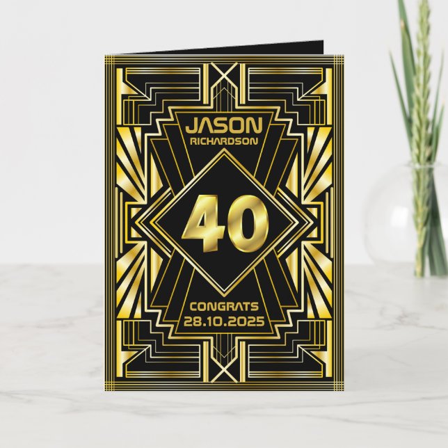 Carte 40e anniversaire Art Déco Gold Black Great Gatsby (Devant)
