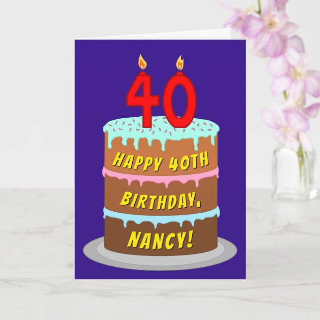 Carte 40e anniversaire : Fun Cake and Candles + Nom pers (Orchidée)