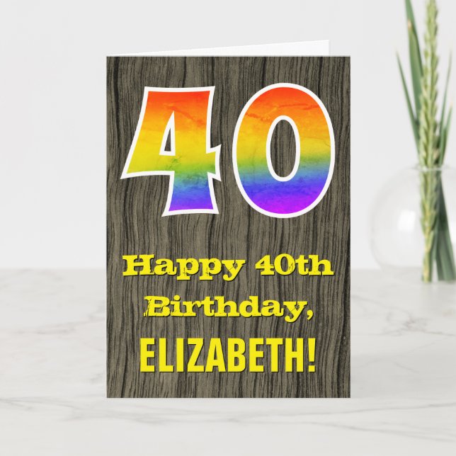 Carte 40e anniversaire : Rustic Faux Wood Look, Arc en c (Devant)